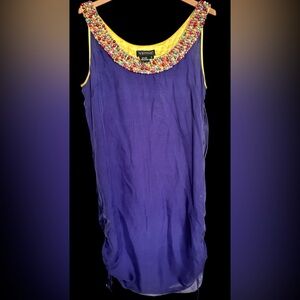 100% Silk Beaded Collar Size 4 Sleeveless Blue Sheath Dress Top Adj Sides (4)